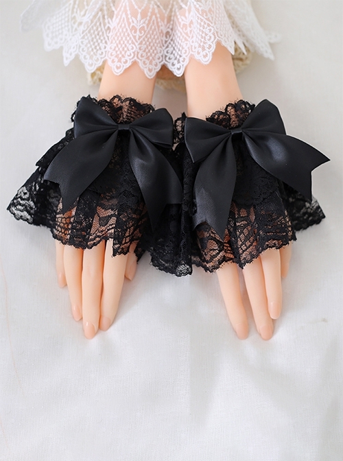 Versatile Deep Color Satin Ribbon Bowknot Black Lace Gothic Lolita Sleeves Gloves Wrist Strap