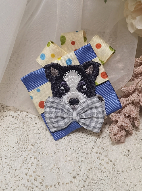 Paw Patrol Series Cute Puppy Embroidery Cotton Bowknot Colorful Polka Dots Ribbon Square Gift Box School Lolita Brooch