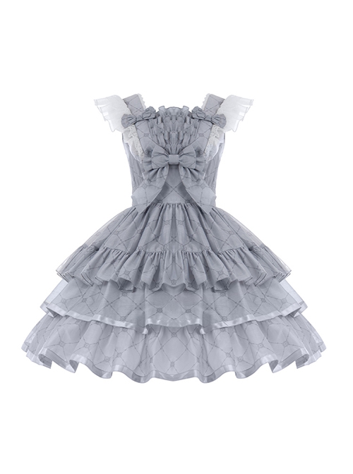 Sleepless Dream Series Ballet Style Diamond-Checked Print Layers Yarn Ruffle Hem Classic Lolita Lace Grey Strap Dress