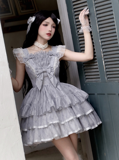 Sleepless Dream Series Ballet Style Diamond-Checked Print Layers Yarn Ruffle Hem Classic Lolita Lace Grey Strap Dress