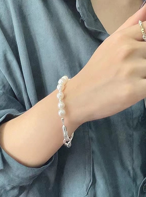 Silver Exquisite Stylish Simplicity Urban Beauty Asymmetric Electroplated Alloy Twig Pearl Chain Classic Lolita Bracelet