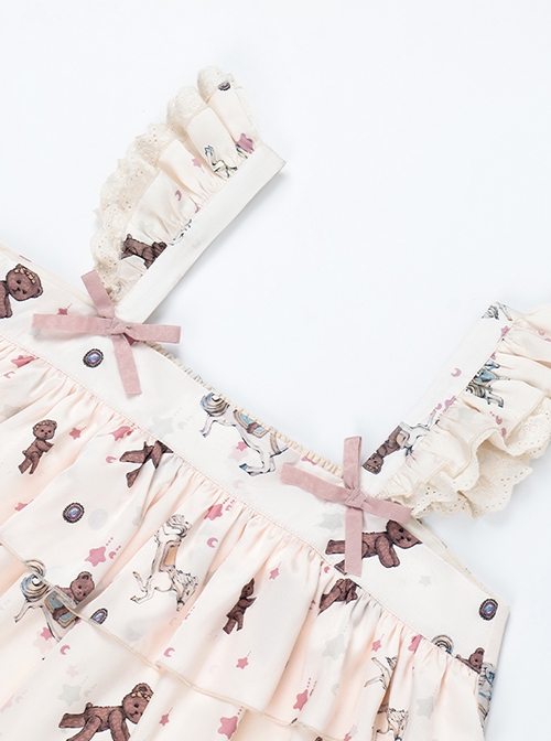 Sleepy Bear Series Dreamy Cartoon Bear Carousel Print Apricot Loose Soft Home Wear Sweet Lolita Sleeveless Nightdress