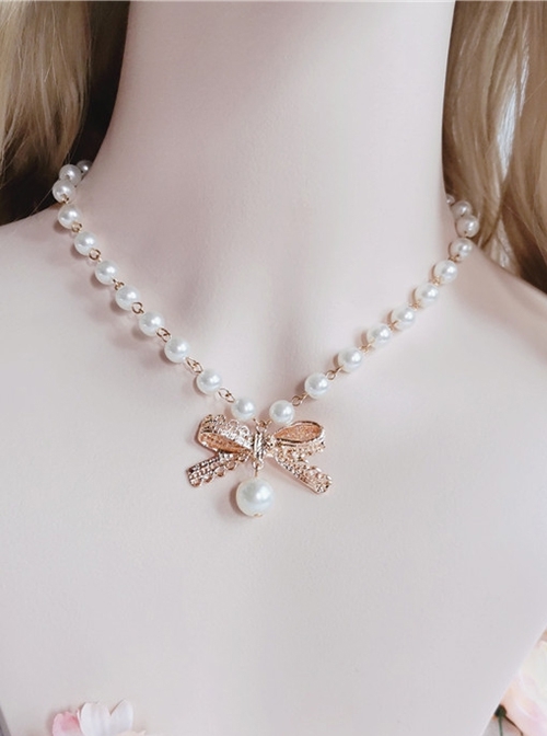 European White Pearl Bowknot Pendant Flower Wedding Gorgeous Versatile Classic Lolita Necklace