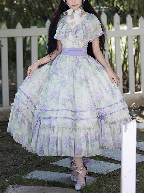 Lavender Dream Series Pastoral Style Green Purple Floral Print Chiffon Elegant Edward Collar Classic Lolita Long Dress