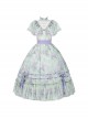 Lavender Dream Series Pastoral Style Green Purple Floral Print Chiffon Elegant Edward Collar Classic Lolita Long Dress