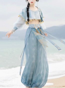 Traditional Han Chinese Fashion Dunhuang Blue Exotic Style Fairy Dancer Tassel Shirt Coat Lantern Pants Set