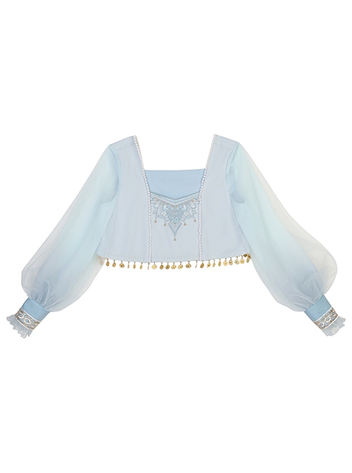 Traditional Han Chinese Fashion Dunhuang Blue Exotic Style Fairy Dancer Tassel Shirt Coat Lantern Pants Set