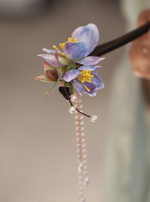 Elegant Chinese Hanfu Cheongsam Accessory Pearl Tassels Purple Artificial Flowers Classic Lolita Iris Sandalwood Hairpin
