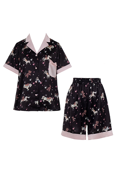 Sleepy Bear Series Black Pink Loose Comfortable Bear Pony Print Shirt Short Pants Kawaii Fashion Homewear Set