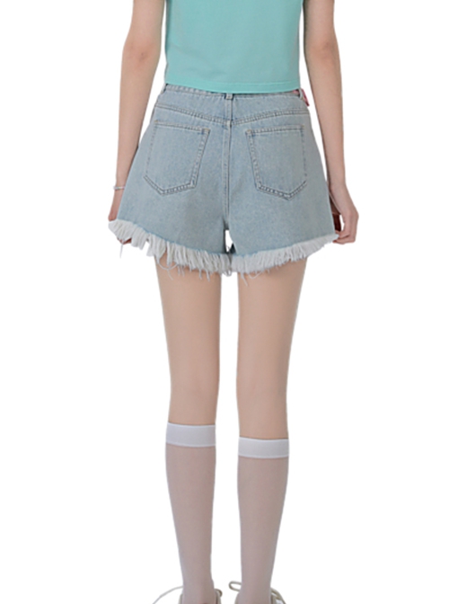 Hottie Summer Versatile Daily Light Blue High Waist Summer Kawaii Fashion Ripped Denim Short Hot Pants