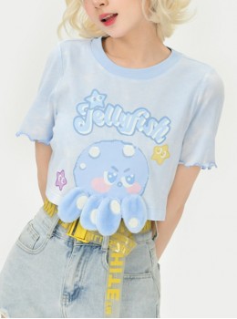 Sweet Hottie Summer Ocean Light Blue Jellyfish Wavy Cuffs Sleeves Childlike Kawaii Fashion Short Crew Neck T-Shirt