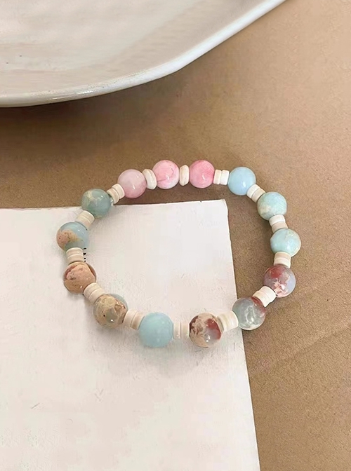 Cute Versatile Y2K Pink Blue Mixed Shoushan Stone Bead Kawaii Fashion Elastic Cord Bracelet