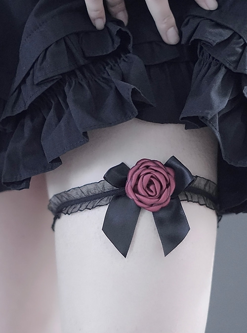 Handmade Subculture Bowknot Black Lace Red Rose Gothic Lolita Thigh Circle Accessory Leg Rings