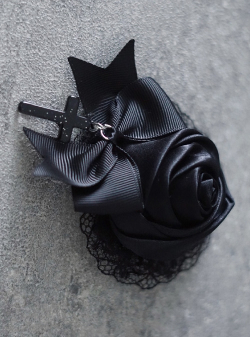 Round Dark Black Lace 3D Rose Satin Ribbon Bowknot Cross Pendant Gothic Lolita Hairpin