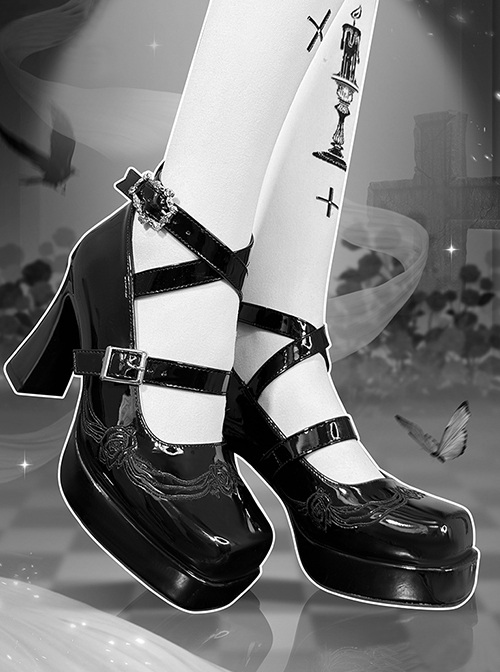 Cemetery Cake Series Subculture Y2K Embroidery Patent Leather Black Platform High Heel Mary Jane Shoes