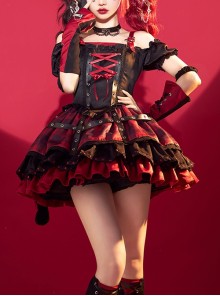 Shibuya Kitty Series Black Red Plaid Ribbon Bowknot Idol Subculture Y2K Bare Shoulders Punk Lolita Dress