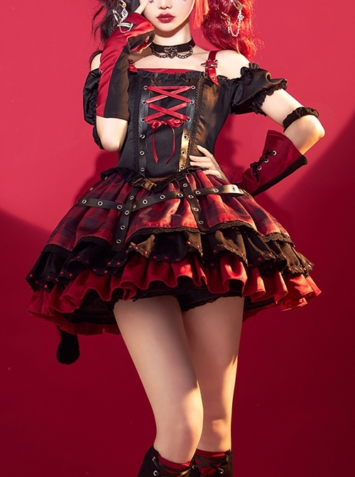 Shibuya Kitty Series Black Red Plaid Ribbon Bowknot Idol Subculture Y2K Bare Shoulders Punk Lolita Dress