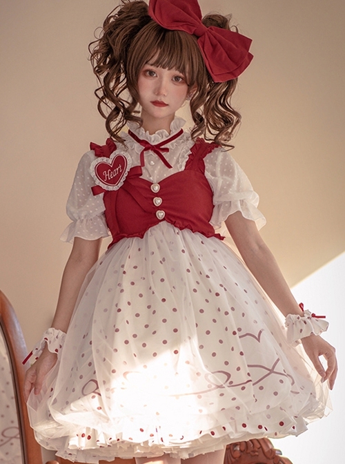 Small Wish Series Showa Style Elegant Exquisite Pearl Red White Polka Dots Sweet Lolita Flower Bud Sleeveless Dress