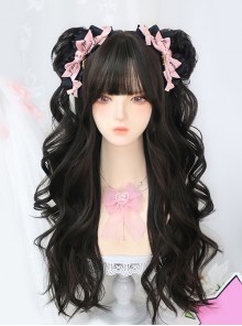 Black Natural Simulated Cute Flat Bangs Anime Idol Style Hairpin Twin Ponytails Long Curly Hair Sweet Lolita Wig