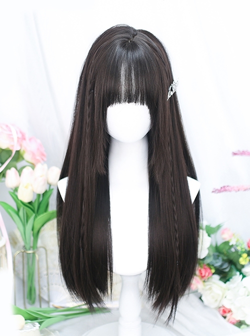 Daily Commute College Style Black Long Straight Hair Flat Bangs Sideburn School Lolita Full Head Wig
