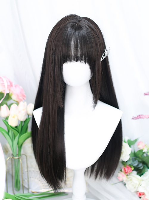 Daily Commute College Style Black Long Straight Hair Flat Bangs Sideburn School Lolita Full Head Wig