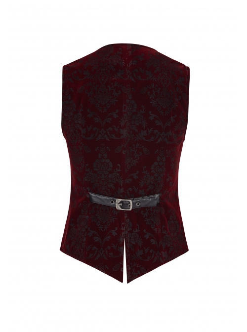 Gothic Style Luxury Velvet Black Dark Pattern Print Vintage Metal Buckle Wine Red Gentleman Vest