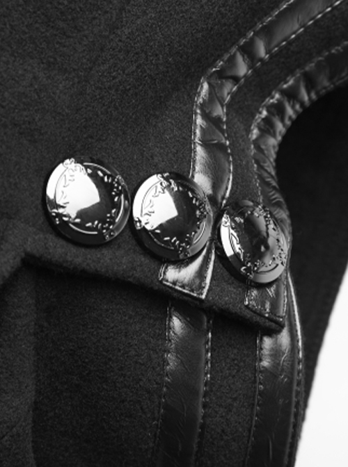 Punk Style High Collar Unique Metal Button Decoration Leather Splicing Handsome Black Woolen Long Coat