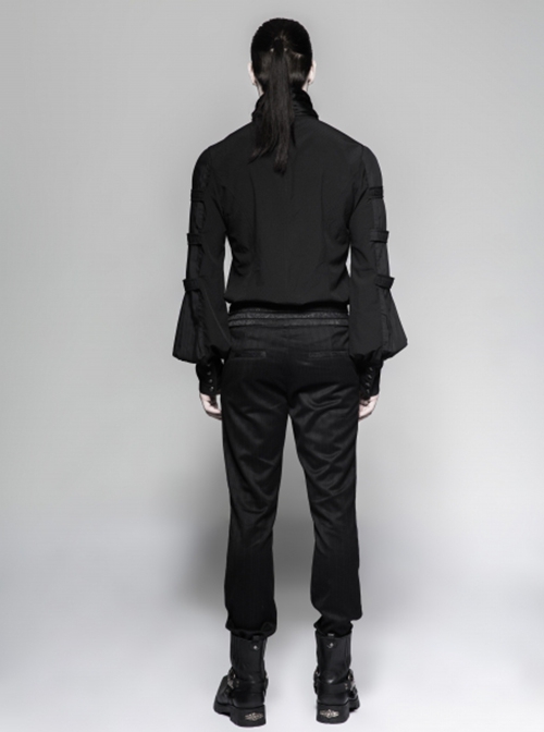 Gothic Style High Collar Ruffled Bow Tie Accordion Pleat Decoration Vintage Black Men's Long Lantern Sleeves Shirt