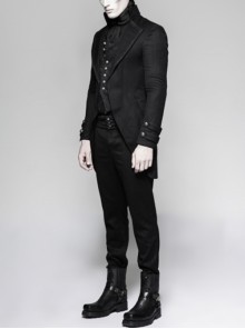 Punk Style Elegant Lapel Retro Dark Pattern Jacquard Metal Button Black Fake Two Piece Slim Long Sleeves Coat