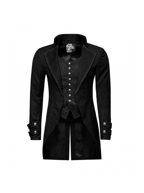 Punk Style Elegant Lapel Retro Dark Pattern Jacquard Metal Button Black Fake Two Piece Slim Long Sleeves Coat