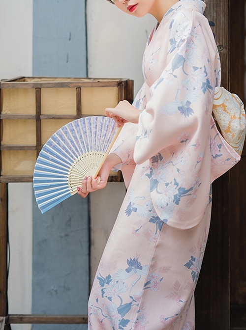 Japanese Style Orange Pink Crane Pattern Traditional Dress Sweet Kawaii Fashion Yukata Improved Kimono