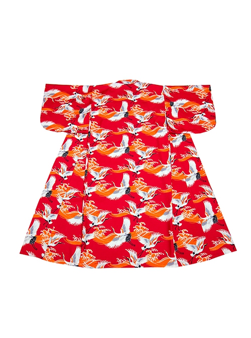 Bright Red Gorgeous Crane Pattern Japanese Style Traditional Dress Kawaii Fashion Yukata Improved Kimono