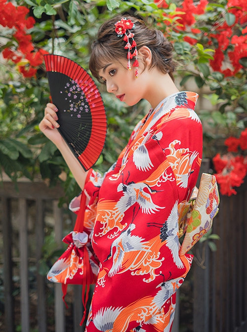 Bright Red Gorgeous Crane Pattern Japanese Style Traditional Dress Kawaii Fashion Yukata Improved Kimono