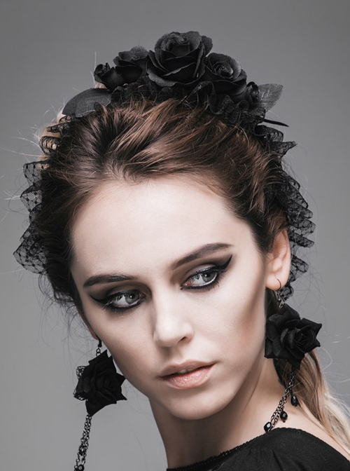 Gothic Style Exquisite Handmade Velvet Roses Decorated Black Women's Headdress