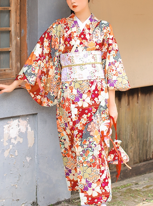 Fireworks Display Blooming Flowers Dark Red Japanese Traditional Dress Vintage Long Sleeves Improved Yukata Kimono