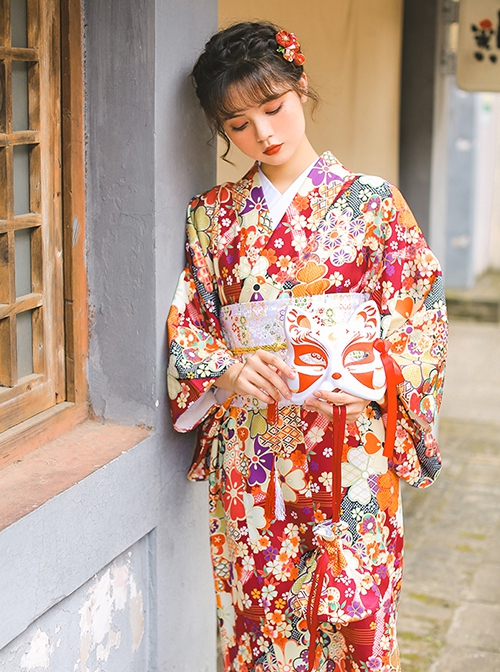 Fireworks Display Blooming Flowers Dark Red Japanese Traditional Dress Vintage Long Sleeves Improved Yukata Kimono