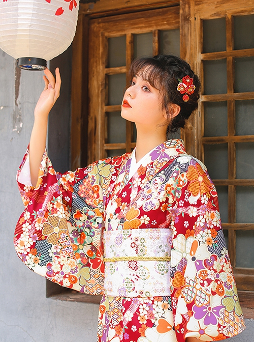 Fireworks Display Blooming Flowers Dark Red Japanese Traditional Dress Vintage Long Sleeves Improved Yukata Kimono