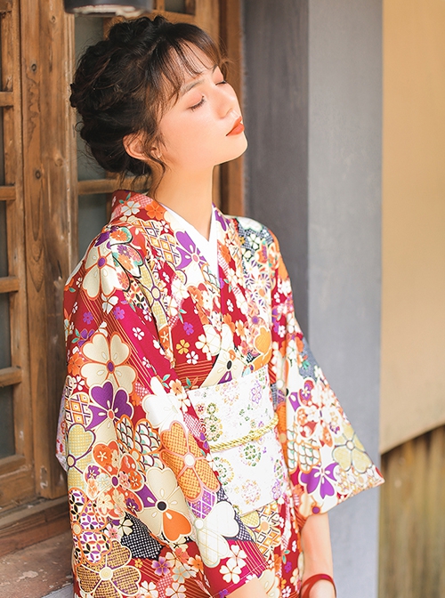 Fireworks Display Blooming Flowers Dark Red Japanese Traditional Dress Vintage Long Sleeves Improved Yukata Kimono