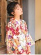 Fireworks Display Blooming Flowers Dark Red Japanese Traditional Dress Vintage Long Sleeves Improved Yukata Kimono