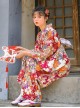 Fireworks Display Blooming Flowers Dark Red Japanese Traditional Dress Vintage Long Sleeves Improved Yukata Kimono