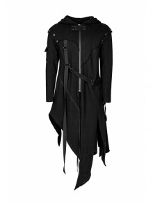 Punk Style Cool Ribbon Metal Buckle Personality Irregular Hem Black Detachable Sleeves Long Hooded Fleece Coat