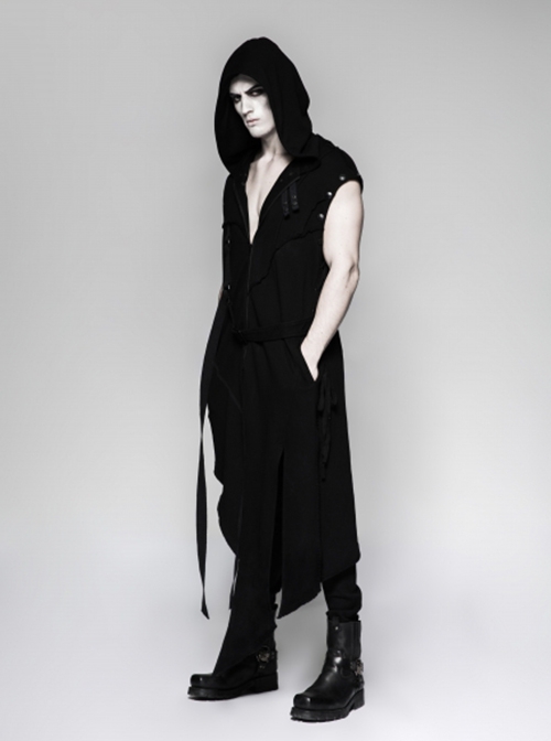 Punk Style Cool Ribbon Metal Buckle Personality Irregular Hem Black Detachable Sleeves Long Hooded Fleece Coat