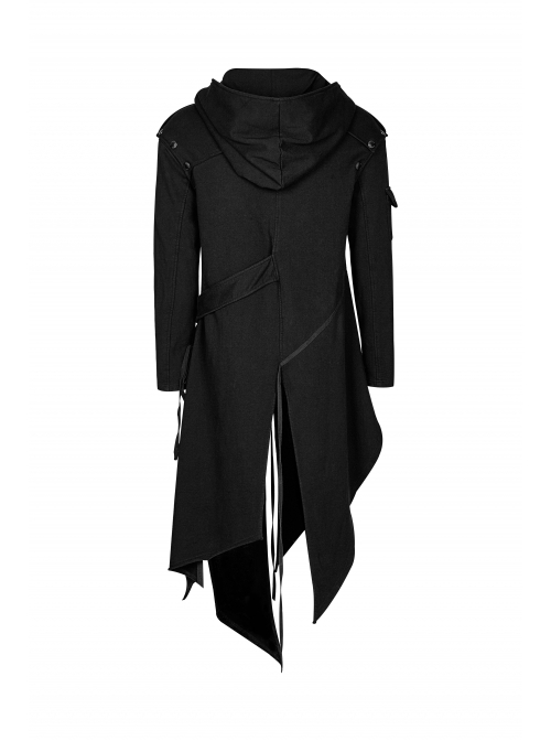 Punk Style Cool Ribbon Metal Buckle Personality Irregular Hem Black Detachable Sleeves Long Hooded Fleece Coat