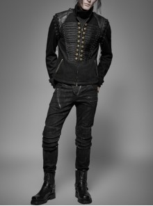 Punk Style Vintage Bronze Metal Buttons Woven Patch Cross Straps Leather Stitching Black Long Sleeves Coat