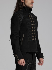 Punk Style Vintage Bronze Metal Buttons Woven Patch Cross Straps Leather Stitching Black Long Sleeves Coat