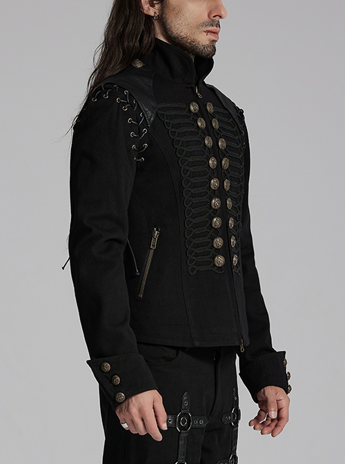 Punk Style Vintage Bronze Metal Buttons Woven Patch Cross Straps Leather Stitching Black Long Sleeves Coat