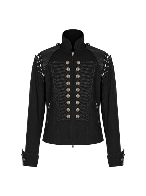 Punk Style Vintage Bronze Metal Buttons Woven Patch Cross Straps Leather Stitching Black Long Sleeves Coat