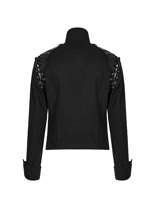 Punk Style Vintage Bronze Metal Buttons Woven Patch Cross Straps Leather Stitching Black Long Sleeves Coat