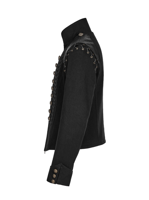 Punk Style Vintage Bronze Metal Buttons Woven Patch Cross Straps Leather Stitching Black Long Sleeves Coat