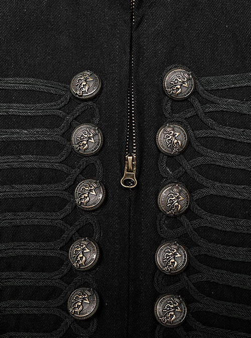 Punk Style Vintage Bronze Metal Buttons Woven Patch Cross Straps Leather Stitching Black Long Sleeves Coat